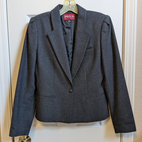 90s Vintage Sasson Designer Gray Wool Blend Jacket Skirt - Suit - Two Pieces - Picture 2 of 16